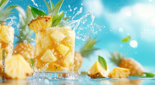 Refreshing tropical drink with pineapple and mint on a sunny day by the beach