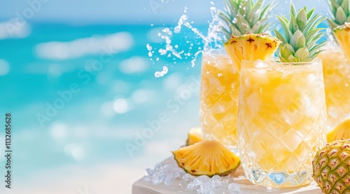 Refreshing tropical drinks served with pineapple on a sunny beach with turquoise water in the background