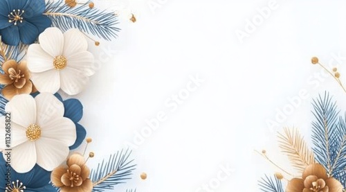 White background with blue flowers around it, Christmas tree branches, gold, detailed postcard