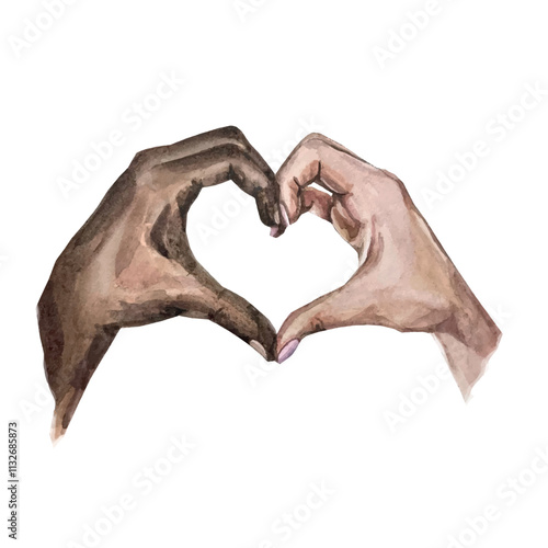 Vector freehand watercolor illustration depicting two african-american hands forming the shape of a heart, symbolizing love and unity. Isolated Background, wallpaper.