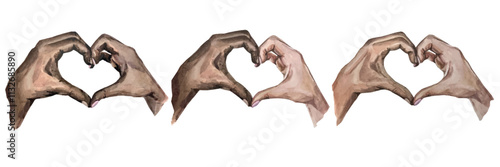 Vector freehand watercolor set illustration depicting two hands forming the shape of a heart, symbolizing love and unity. Isolated Background, wallpaper. Valentines Day collection