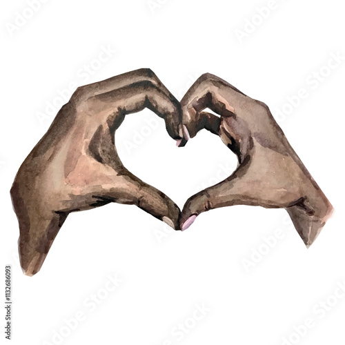 Vector freehand watercolor illustration depicting two african-american hands forming the shape of a heart, symbolizing love and unity. Isolated Background, wallpaper.