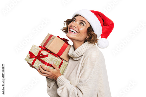 A happy woman dressed in a festive white sweater and Santa hat, holding neatly wrapped gifts in earthy tones. Her smile exudes holiday excitement, isolated on a transparent background photo