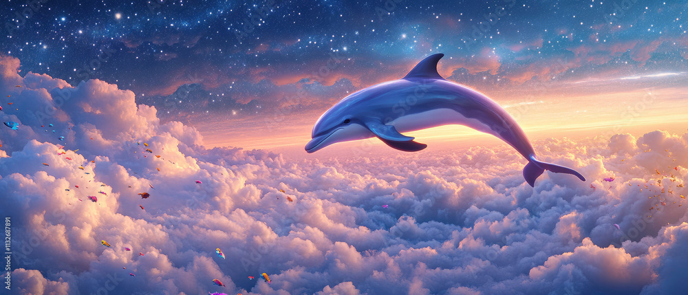 Fototapeta premium Dolphins Gracefully Diving Through Fluffy Clouds Under a Starry Night Sky