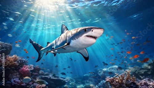 Majestic shark swimming through vibrant coral reef in sunlight, marine life conservation poster photo