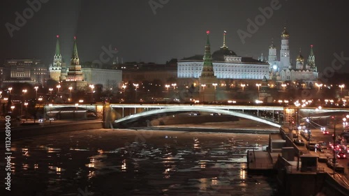 Night view of the Kremlin, Bolshoy Kamenny Bridge, Moscow River and Kremlin's Embankment.