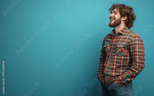 A man wearing color casual clothing with smiling, side view, portrait