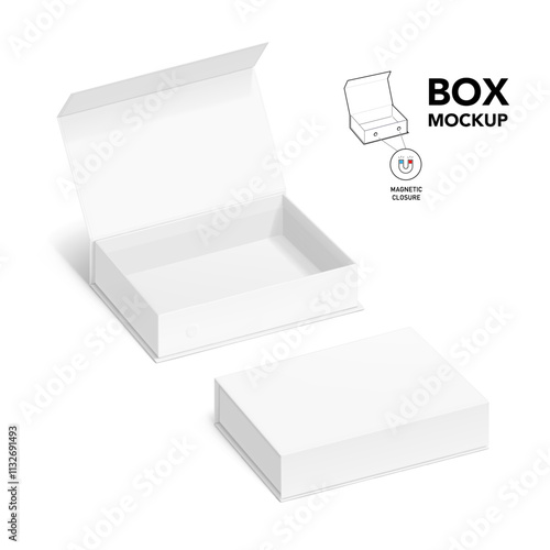 White box with magnetic close. Vector illustration isolated on white background. Taking your 2D designs into 3D. Can be use for gift box, luxury, cosmetics, electronics and other goods. EPS10.