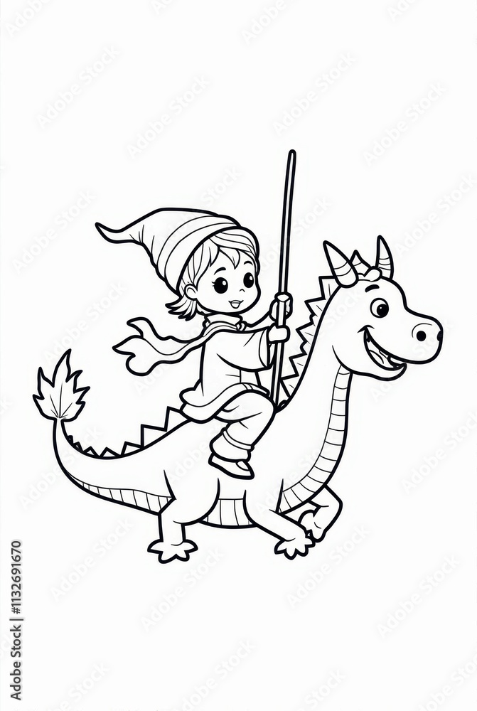 Fototapeta premium Cute Sorcerer Riding a Dragon Coloring Page