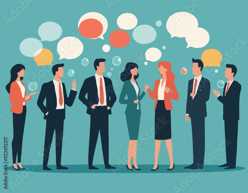 Business Discussion Concept. Vector cartoon full-length illustration in a flat style of various people talking to each other with bubbles over their heads. Isolated on background.