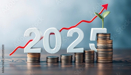 A visual representation of financial growth projected for 2025 with coins and a plant. photo