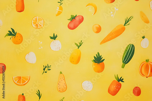 A vibrant yellow background featuring various illustrated fruits and vegetables. photo