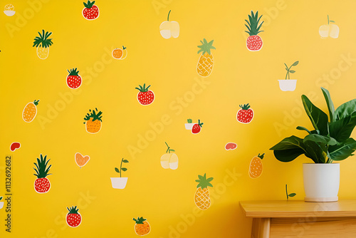 A vibrant yellow wall adorned with fruit decals and a green plant in a white pot. photo