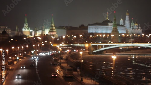 Night view of the Kremlin, Bolshoy Kamenny Bridge, Moscow River and Kremlin's Embankment.