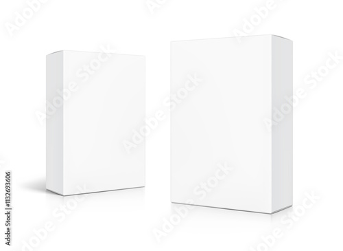 Realistic white closed paperboard box mockup. Half side views. Vector illustration isolated on white background. Taking your 2D designs into 3D. Can be use for medicine, food, cosmetic. EPS10.