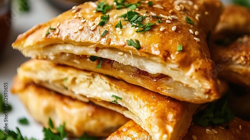 Close-up of kubdari showing golden crust and savory filling. photo