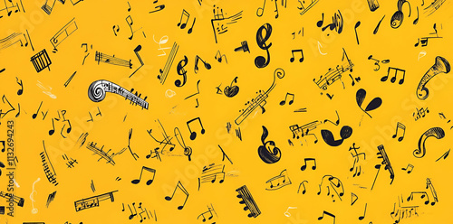 A vibrant yellow background filled with various musical notes and instruments.
