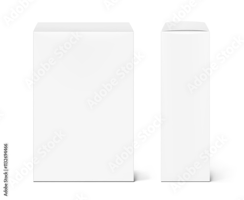 Realistic white closed paperboard box mockup. Front and side views. Vector illustration isolated on white background. Taking your 2D designs into 3D. Can be use for medicine, food, cosmetic. EPS10.