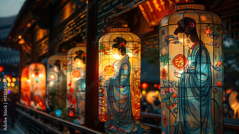 Obraz premium Chinese Lantern Festival. Lanterns come in myriad of shapes and designs, depicting traditional symbols, mythical creatures, and scenes from folklore, adding to festival's cultural richness.
