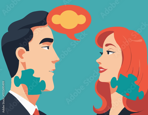 Business Discussion Concept. Vector cartoon illustration in flat style of man and woman talking to each other with big speech bubble-puzzle on top