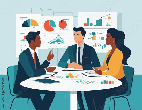 Business Planning concept. Vector illustration in flat style of a group of diverse business people having a discussion at a table with graphs in the background.