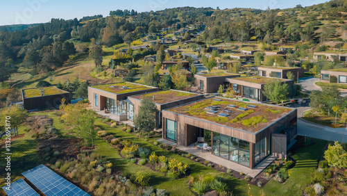 An aerial view of a sustainable neighborhood with green roofs, solar panels, and eco-friendly building materials integrated into the design.