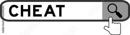 Search banner in word cheat with hand over magnifier icon on white background