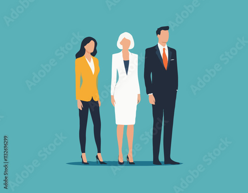 Business Leadership Concept. Vector illustration in flat style of three diverse people in business  outfits looking forward. Isolated on background