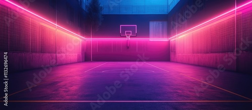 Fototapeta Naklejka Na Ścianę i Meble -  Neon-lit basketball court at night. (1)