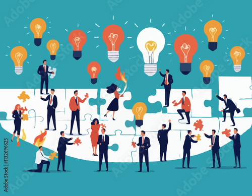 BusinessTeamwork concept. Contemporary flat style abstract vector illustration of diverse people in business suits putting together a puzzle with a burning light bulb. Isolated on background