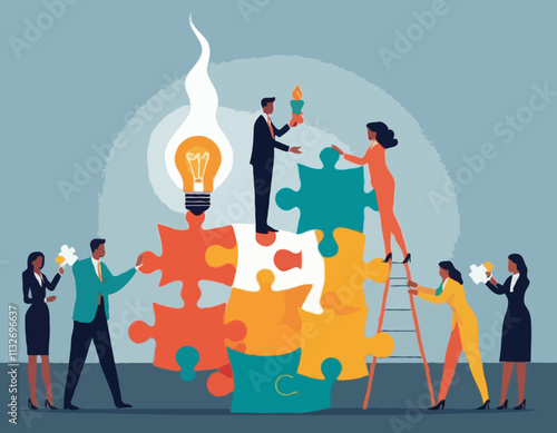 BusinessTeamwork concept. Contemporary flat style abstract vector illustration of diverse people in business suits putting together a puzzle with a burning light bulb. Isolated on background