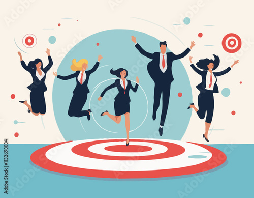 Business Target Concept. Vector illustration in flat style of a group of people in business suits jumping for joy against the background of a target with an accurate hit. Isolated on background