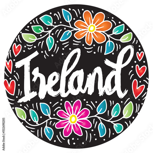 Ireland lettering with flowers and hearts. Hand drawn vector illustration. photo