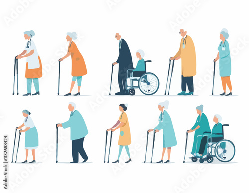 Aged people with assistive devices. Vector illustration in cartoon flat style of senior men and women with crutches, canes, walkers and wheelchairs, and nurses helping them. Isolated on white.