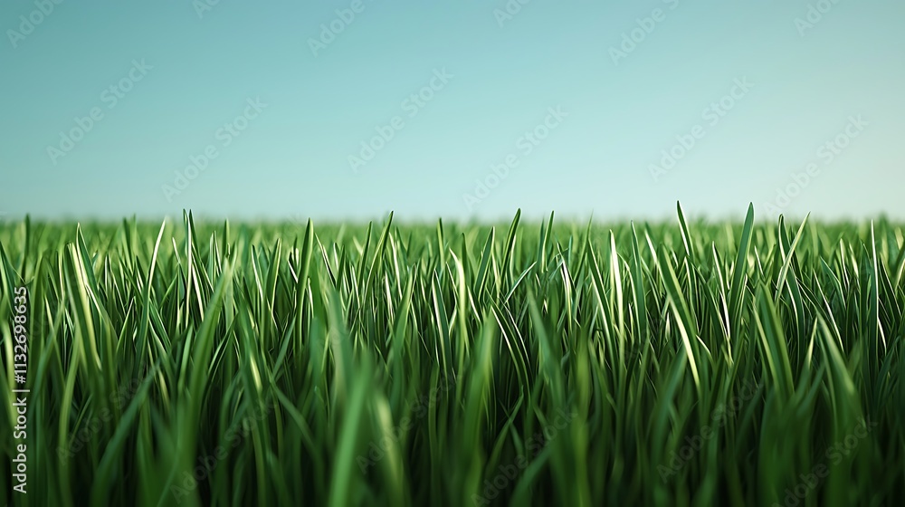 Fototapeta premium Lush green grass growth open field nature photography bright sky low angle vibrant landscape