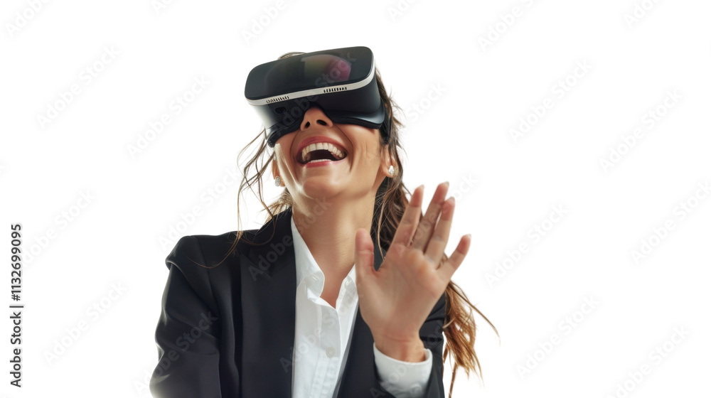 American caucasian young businesswoman watching vr glasses laughing and gesturing with hand on white background
American caucasian young businesswoman watching vr glasses laughing and gesturing with hand on white background