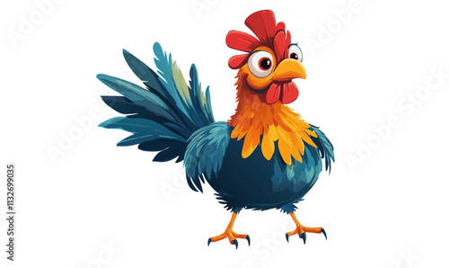 Colorful cartoon rooster with vibrant feathers, large eyes, and playful expression. Standing proudly with a bushy tail and bright plumage., vector illustration, isolated, flat