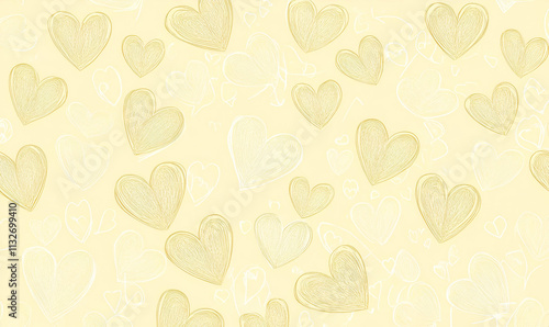 A soft, pastel background featuring various sketched hearts on a light yellow canvas.