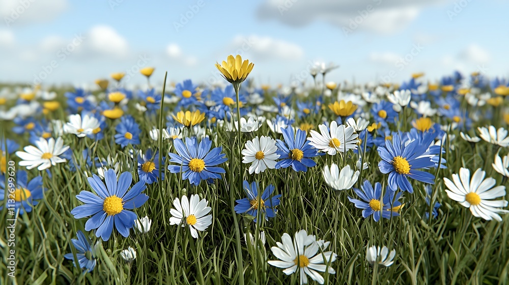 Fototapeta premium Vibrant flower field blooms in rural landscape a spring nature scene in full color