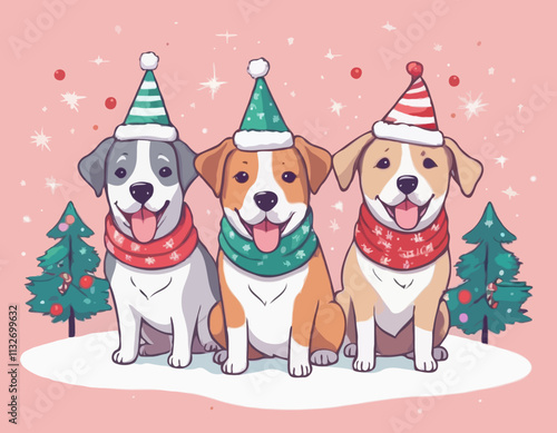 Christmas greeting card. Vector illustration with cute dog faces in winter and party hats, and scarfs surrounded by snow, stars, mistletoes, and candy canes. Isolated on light pink background