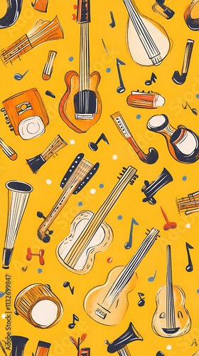 A vibrant pattern featuring various musical instruments on a yellow background.