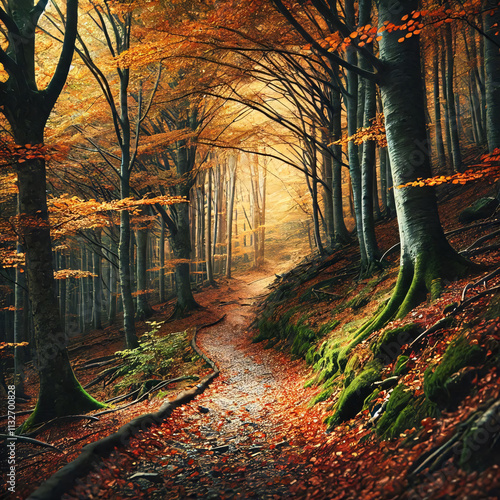 A winding path leads through a vibrant autumn forest bathed in golden light photo