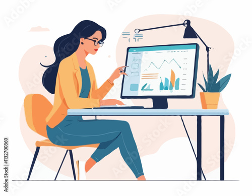 Work on the computer concept. Vector illustration in a trendy flat style of a young pretty woman who is immersed in working on a computer, studying analytics at her workplace. Isolated on white