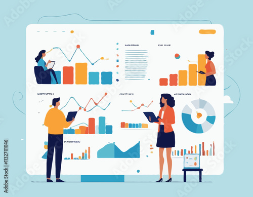 Online Business Analytics Concept. Vector illustration of diverse people in web page windows discussing statistical graphs. Isolated on background