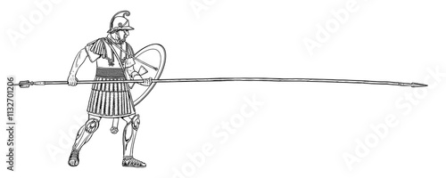 Macedonian phalanx. Greek hoplite with long spear sarissa. Historical drawing.