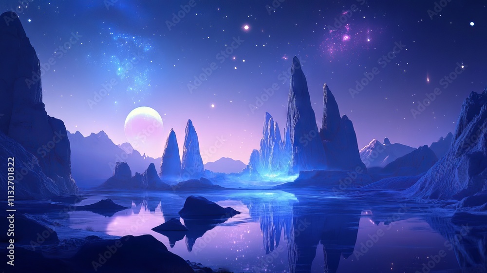 Fototapeta premium Modern futuristic fantasy night landscape featuring abstract floating islands, surreal terrain, and a starry night sky with vibrant space galaxies and nebulas