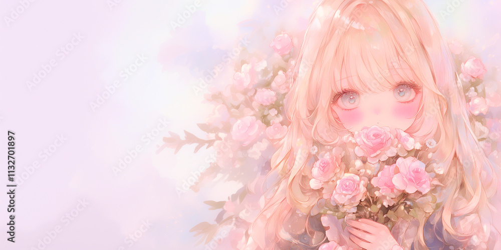 Fototapeta premium バラの花束を持つ女性。水彩画。イラスト。