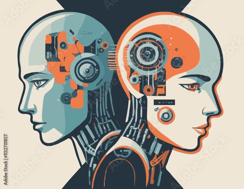 Artificial Intelligence VS Human. Vector illustration in a flat style of the robot and a human heads placed opposite each other on a contrasting background with technical and natural elements