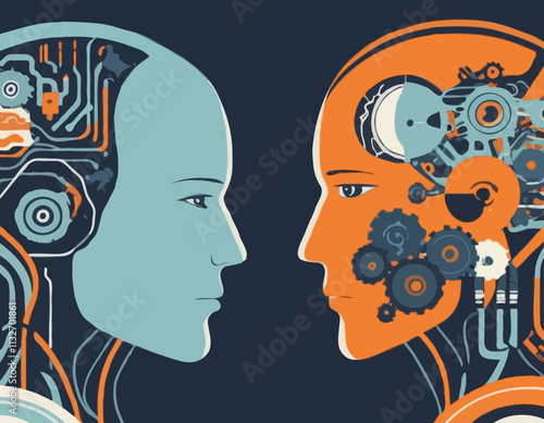 Artificial Intelligence VS Human. Vector illustration in a flat style of the robot and a human heads placed opposite each other on a contrasting background with technical and natural elements