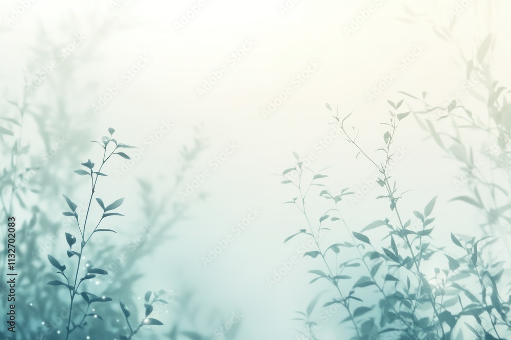 Fototapeta premium Ethereal Soft Green Background with Delicate Leaves and Mysterious Mist Creating a Serene and Tranquil Atmosphere for Nature Inspired Designs and Concepts